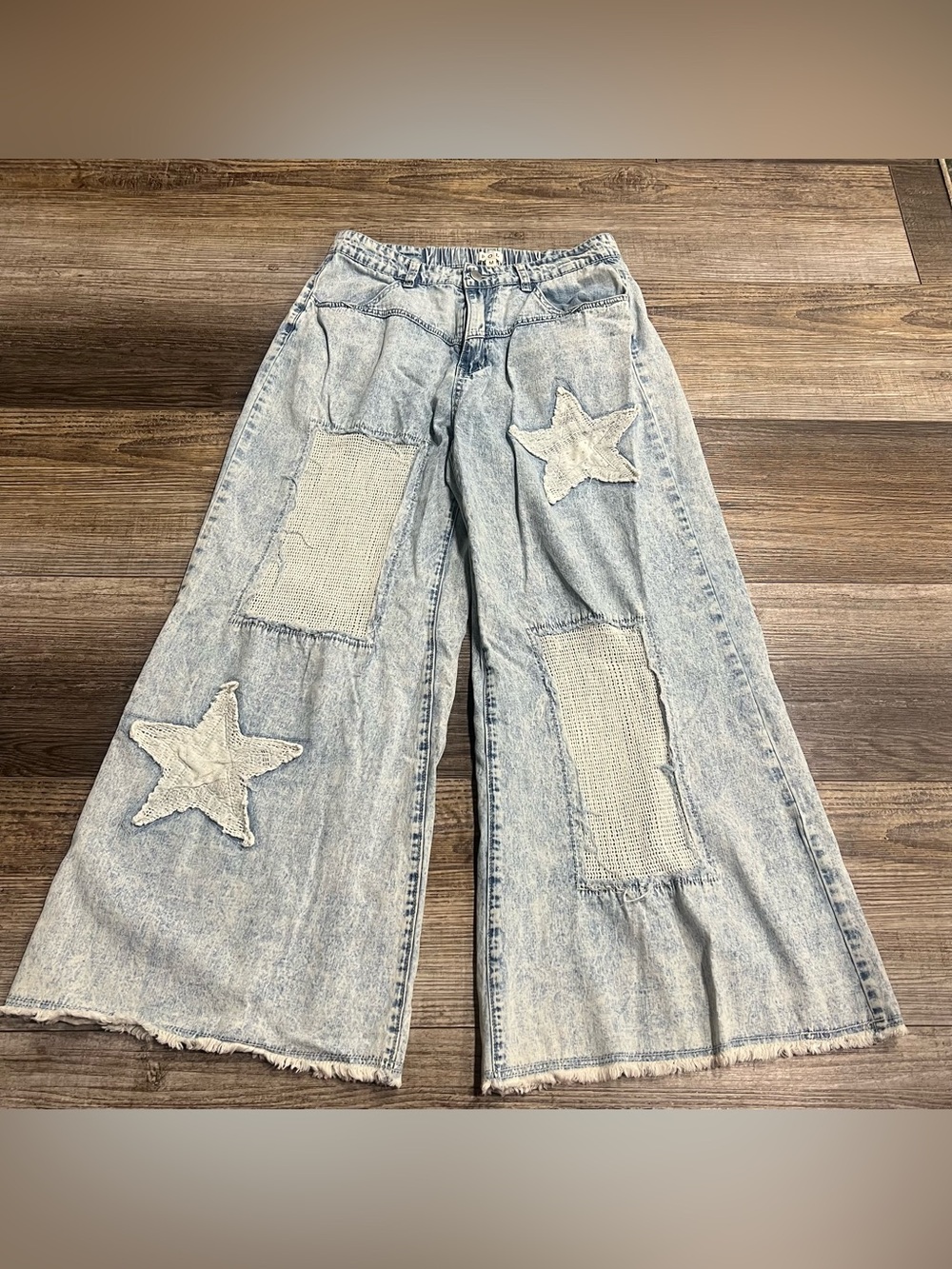 POL Size M Patchwork Wide Leg Jeans Star Crochet Acid Wash Boho